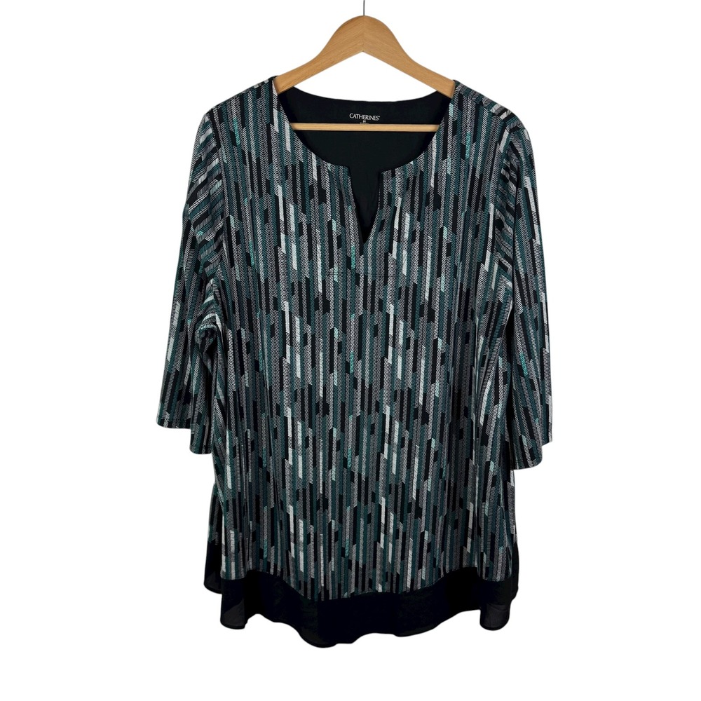 Catherines Geometric Stripe Tunic Top Size 2X‎ Stretch Artsy Comfy Office Casual